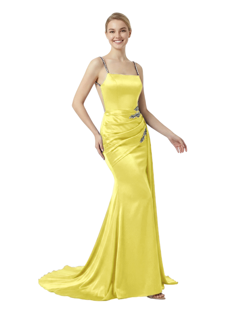 Sexy Square Neck Satin Mermaid Formal Gown With Rhinestone Straps Draped Backless Prom Dress