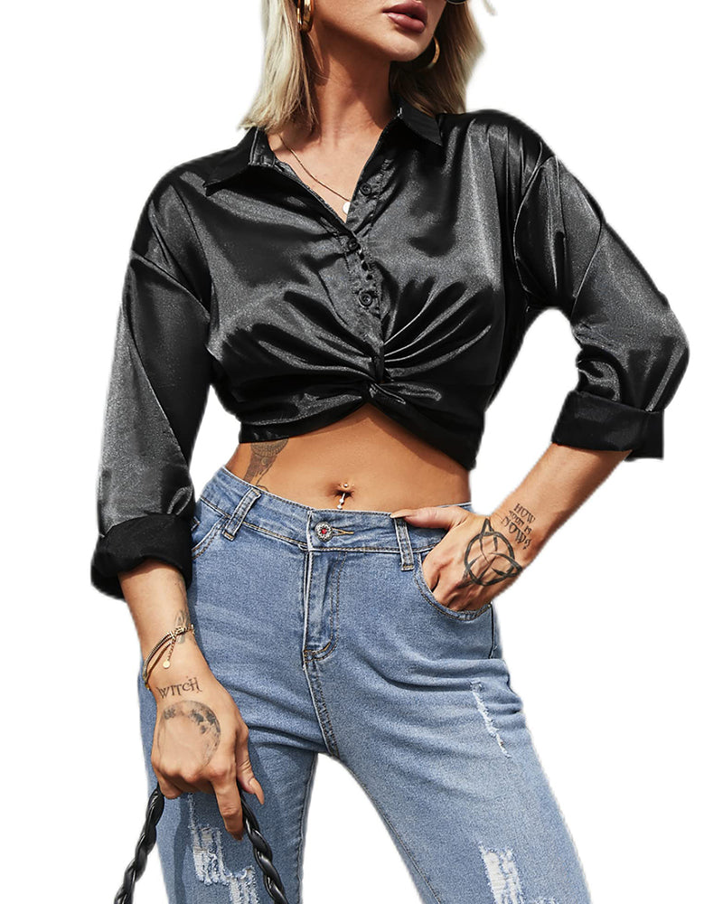 Zeagoo Women's V Neck Twist Hem Blouse Long Sleeve Crop Top Casual Button Shirts - Z-black M