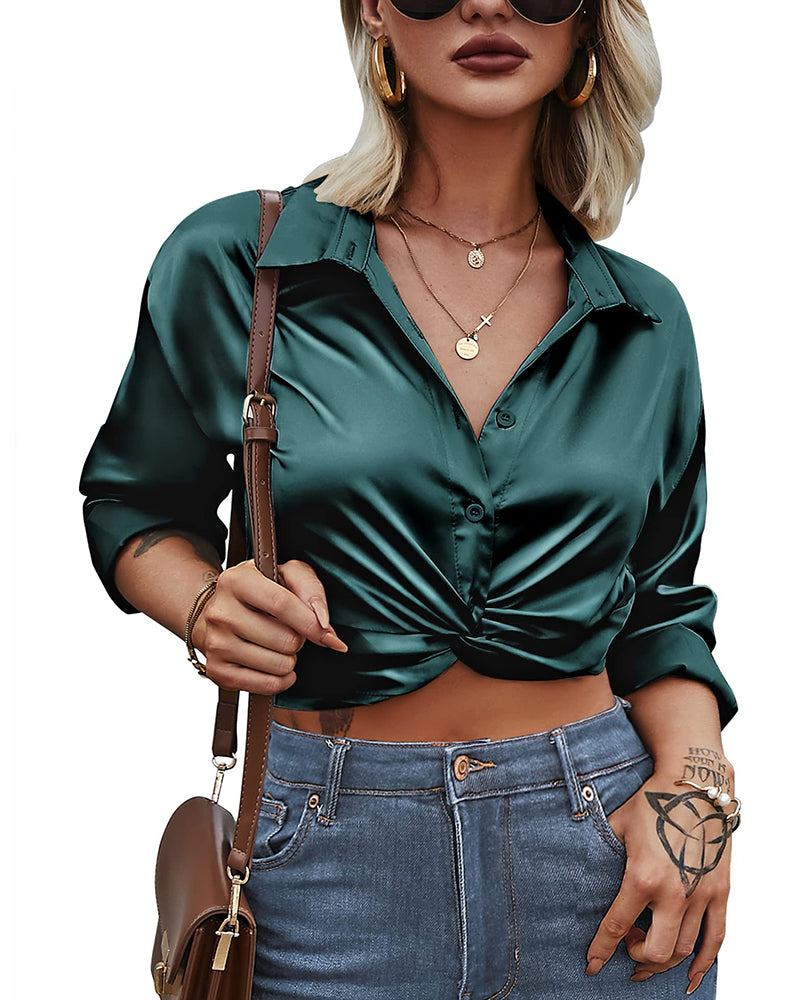 Zeagoo Women's V Neck Twist Hem Blouse Long Sleeve Crop Top Casual Button Shirts - Z-dark Green M