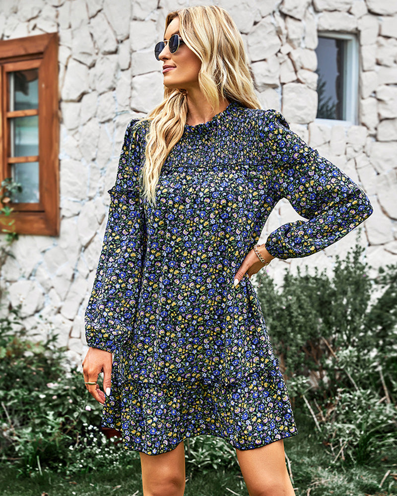 Long Sleeve Dress Boho Floral Ruffle High Neck Mini Dress Casual Loose Pleated Flowy Dresses - Black L-