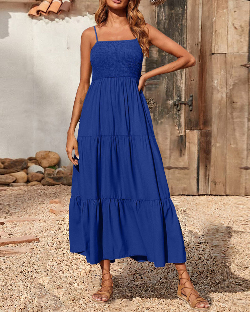 Zeagoo Women's Bohemian Long Dress Spaghetti Strap Solid Swing Beach Sleeveless Maxi Dress - Dark Blue S