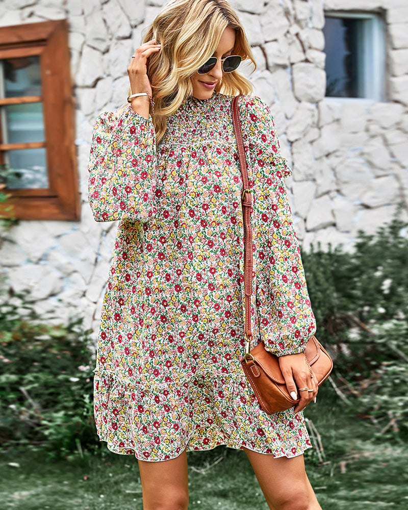 Long Sleeve Dress Boho Floral Ruffle High Neck Mini Dress Casual Loose Pleated Flowy Dresses - White