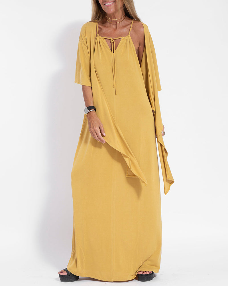 Two-piece Halterneck Tie Sleeveless Long Dress and Irregular Cardigan Set - Yellow S