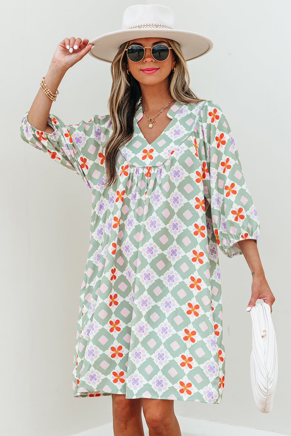 Reagan Floral Print Sleeve Notched Neck Mini Dress - Green M - %Polyester