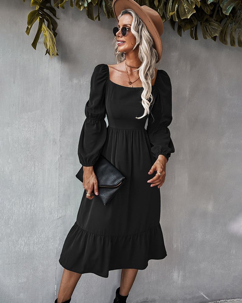 Solid Square Neck Bishop Sleeve Flounce Hem Dress - Black