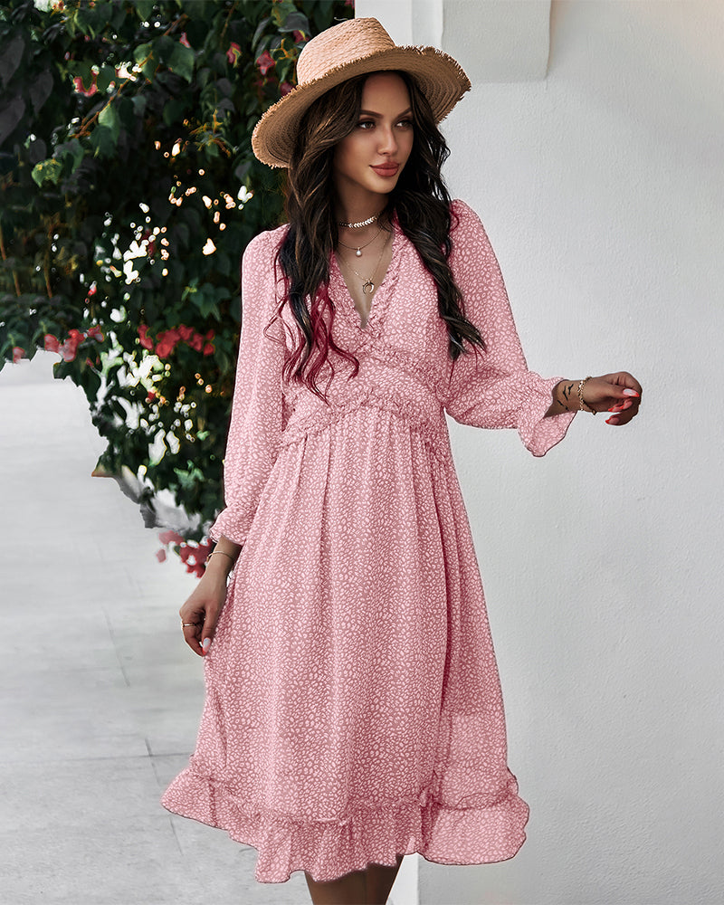 Zeagoo Women's Chiffon V-neck Simple Floral Print Dress - Pink M