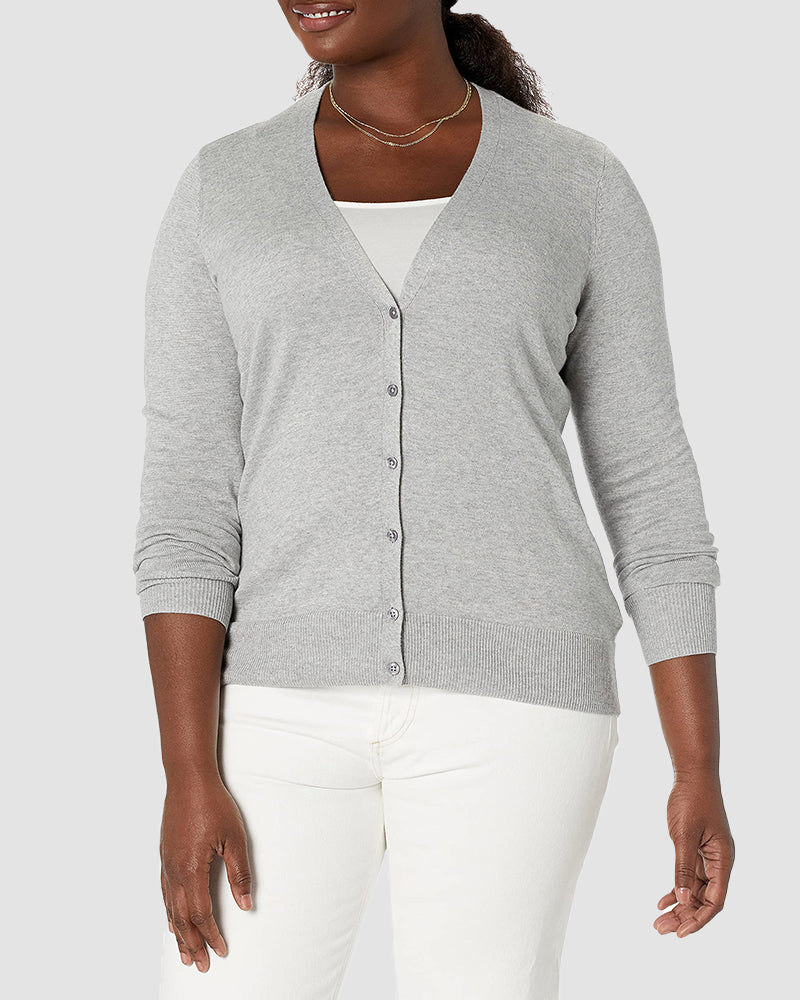 Long Sleeve Choker Top Lightweight Vee Cardigan Sweater - Grey