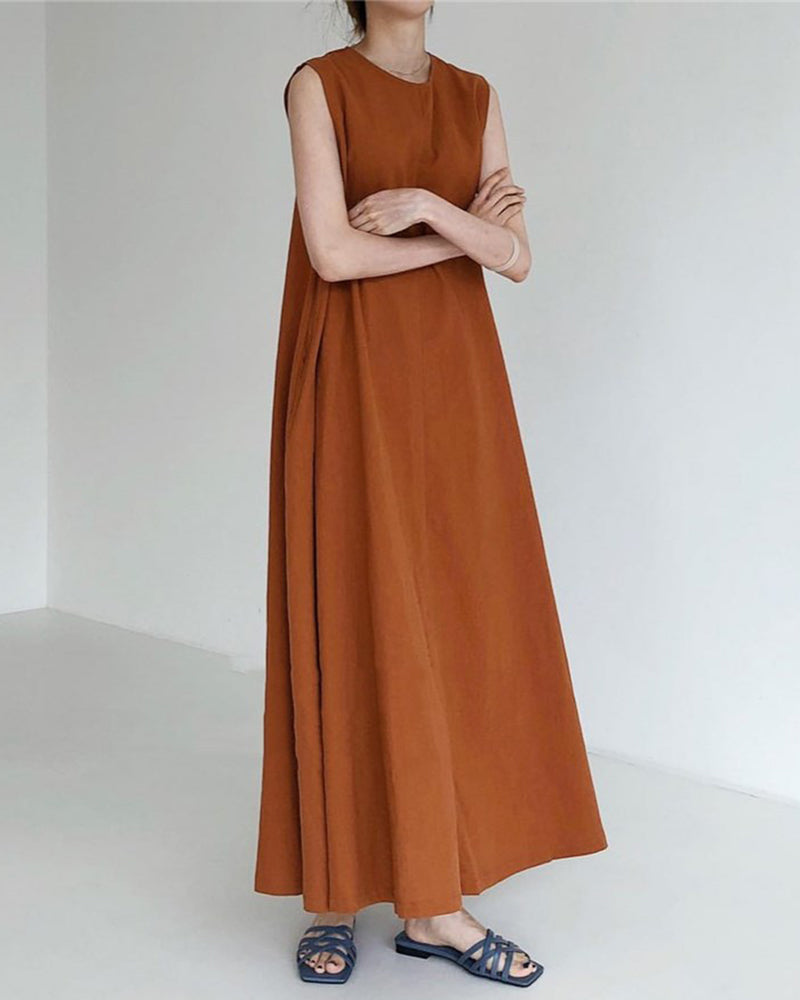 Loose Cotton Linen Dress Long Sleeveless Knee Tank Dress - Brown L-