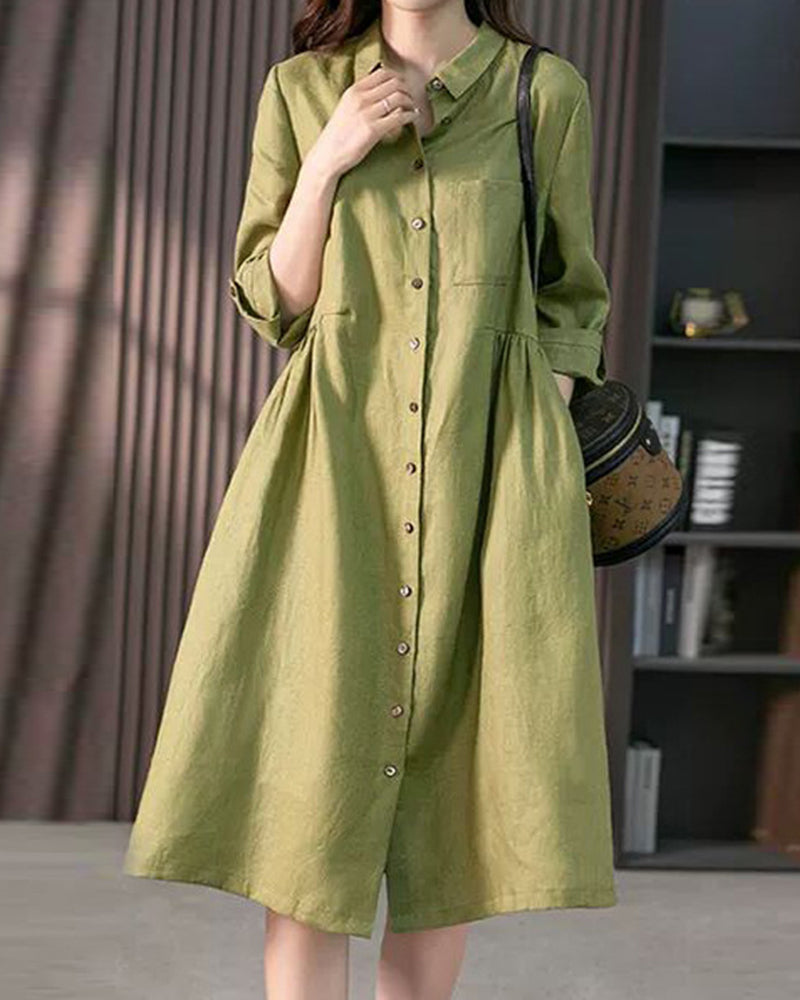 Loose Solid Color Three-quarter Sleeve Dress Mid-length Shirt Dress - Green M