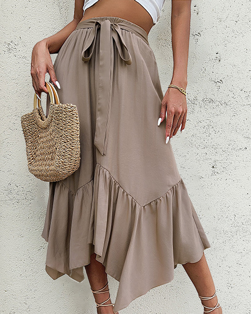 Elegant Irregular Ruffle Hemline A-line Midi Skirt - Khaki