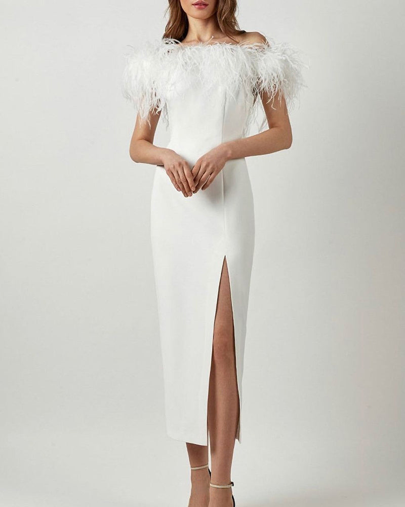 Off Shoulder Faux Fur Split Long Dress Wedding Evening Party Dress - White L-