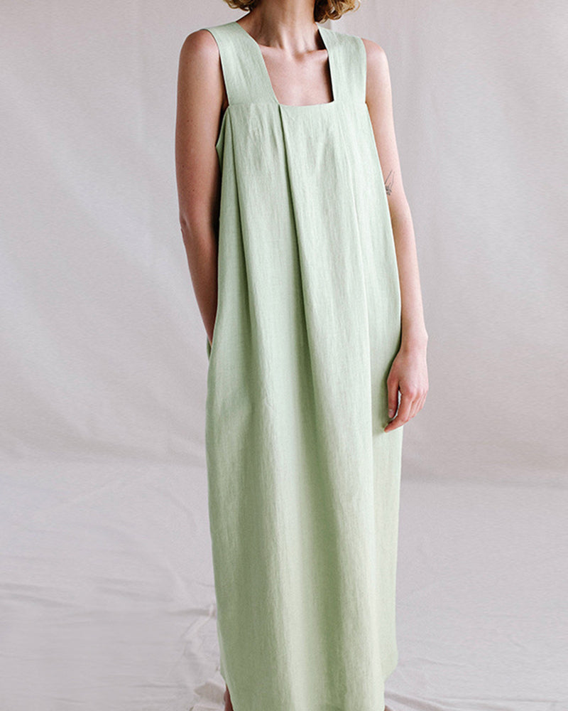 Solid Casual Loose Square Collar Sleeveless Backless Summer Long Midi Dress - Light Green S