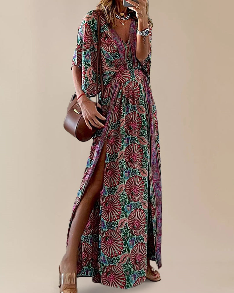 Zeagoo Women's Bohemian Printing V Neck Dress Elegant Split Ankle Length Long Dress - Pink L-