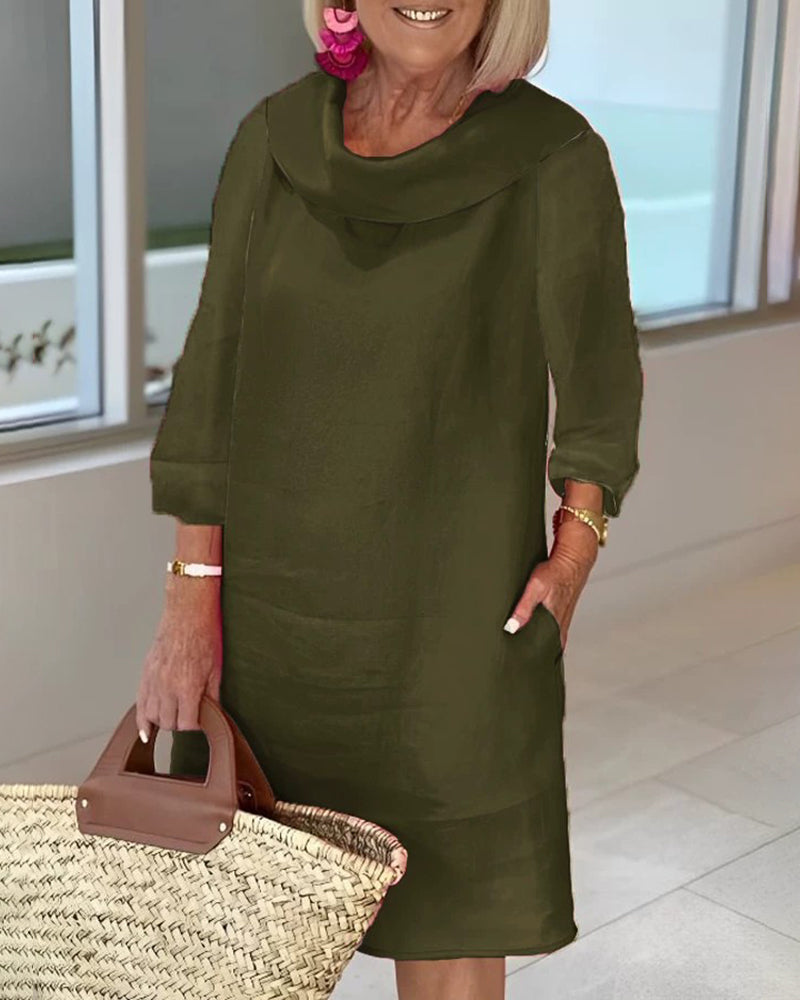 Stitching Round Neck Casual Style Solid Color Long Sleeve Dress - Army Green