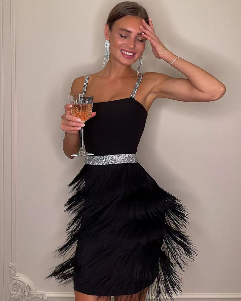 Zeagoo Embellished Tassel Dress - Black L-