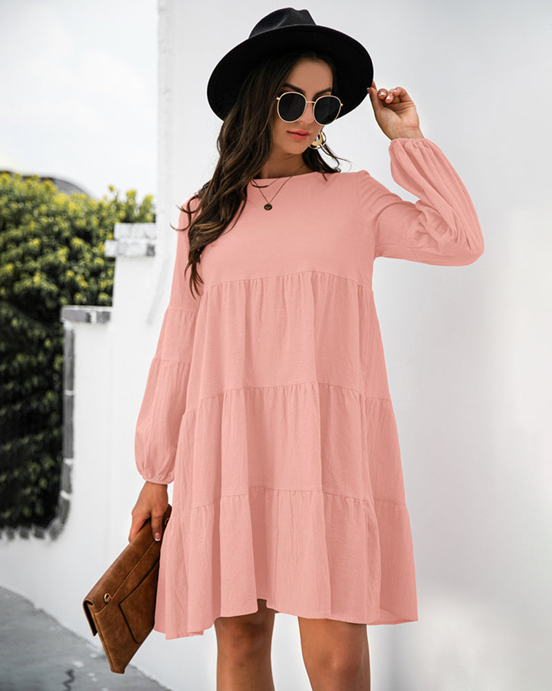 Long Puff Sleeve Shirt Dress Casual Crewneck Loose Fit Sundress Trendy Tiered Layer Summer Mini Dresses - Pink S