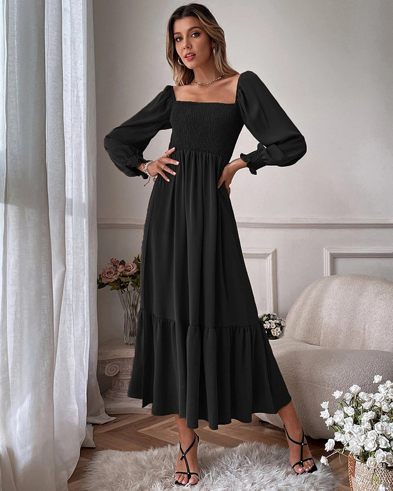 Solid Color Long Sleeve Dress Square Neck Lotus Leaf Maxi Dress - Black