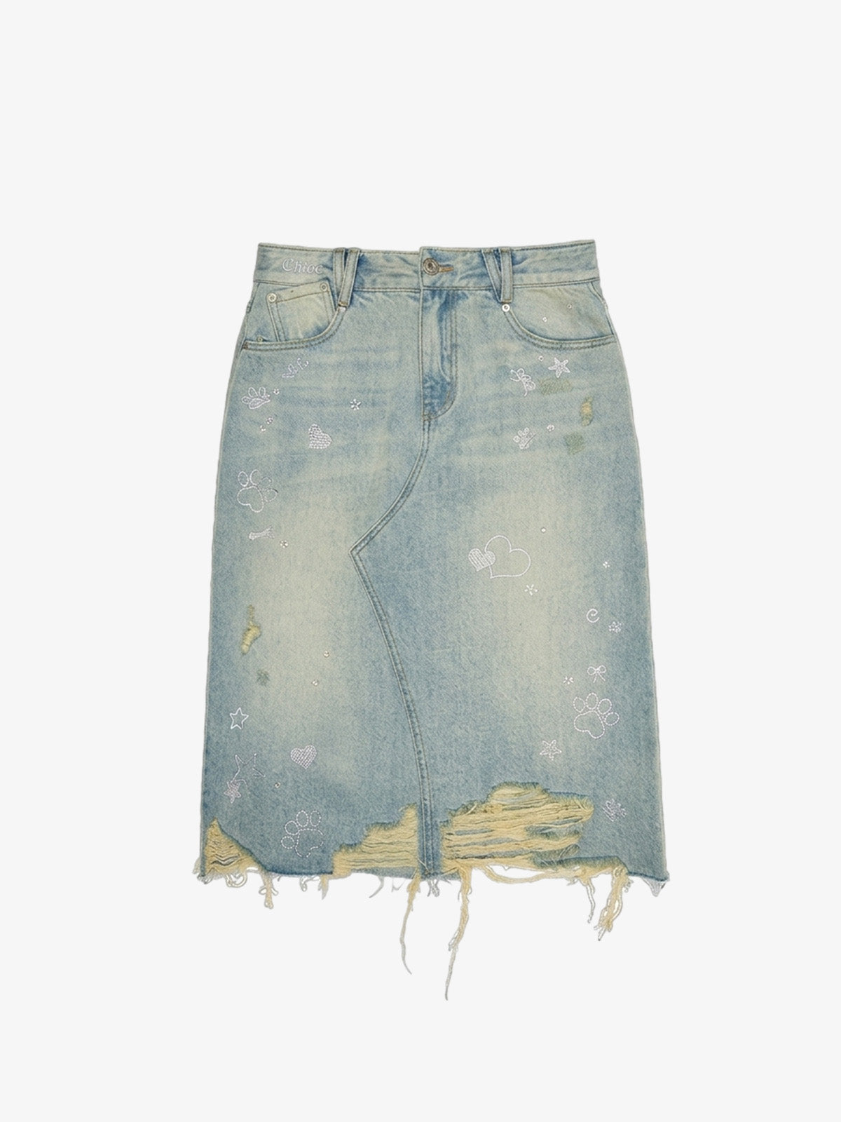Washed Distressed Graphic Denim Skirt
