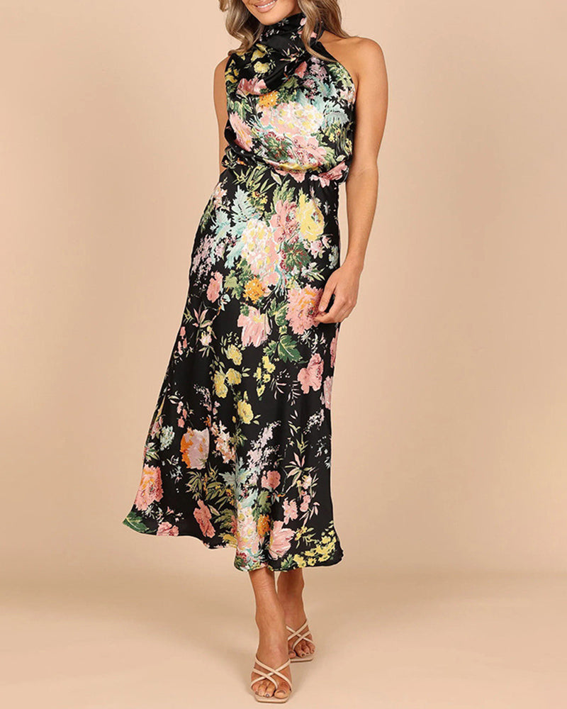 Sleeveless Halter Neck Printed Satin Dress - Black L-