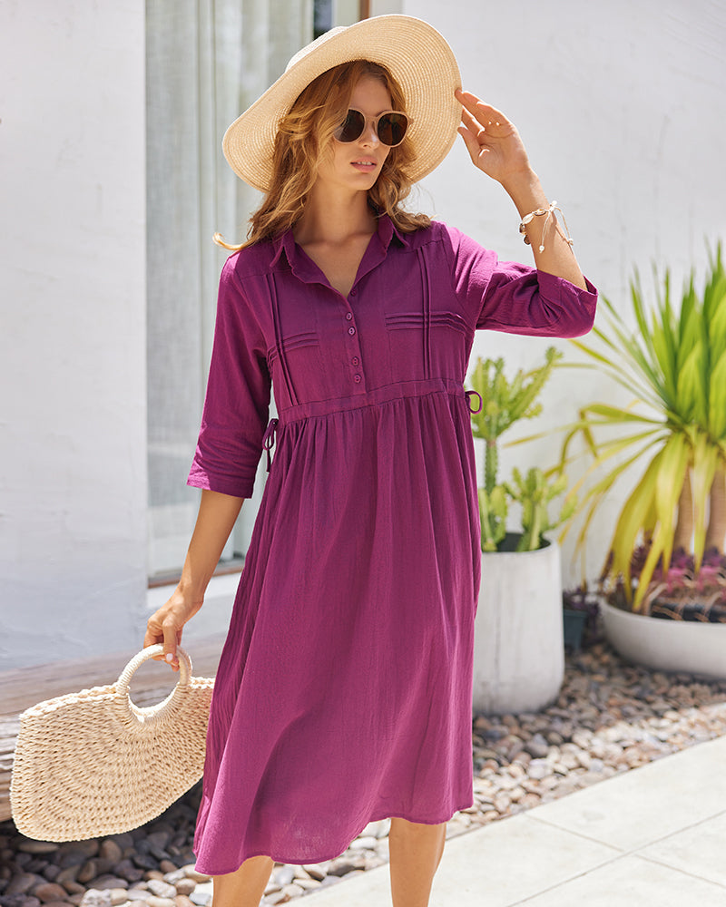 Zeagoo Women's Casual Lapel Neck Button Long Sleeve Drawstring Cotton Linen Shirt Dress - Purple L-