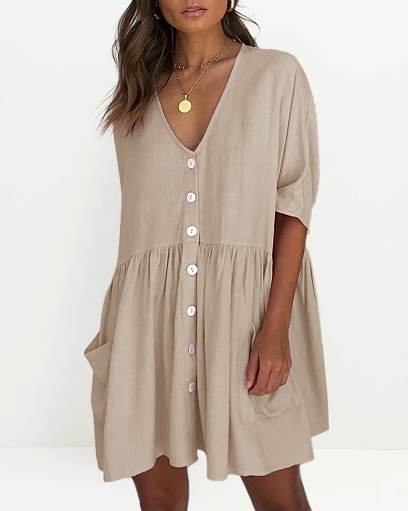 Half Sleeve Summer Shirt Dress V Neck Button Down Casual Loose Flowy Swing Mini Dress with Pockets - Khaki