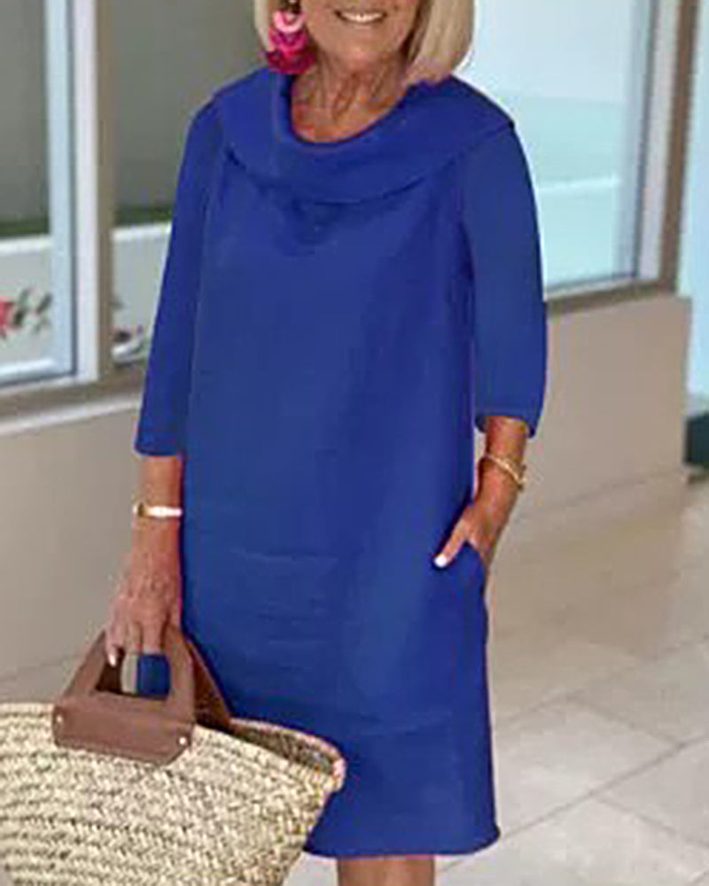 Stitching Round Neck Casual Style Solid Color Long Sleeve Dress - Blue L