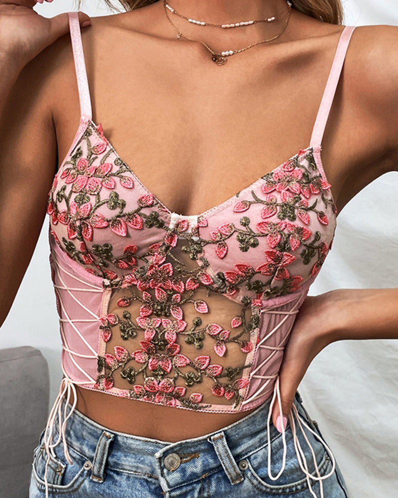 Floral Bralette Bralet Bra Tank Cami - Pink L-