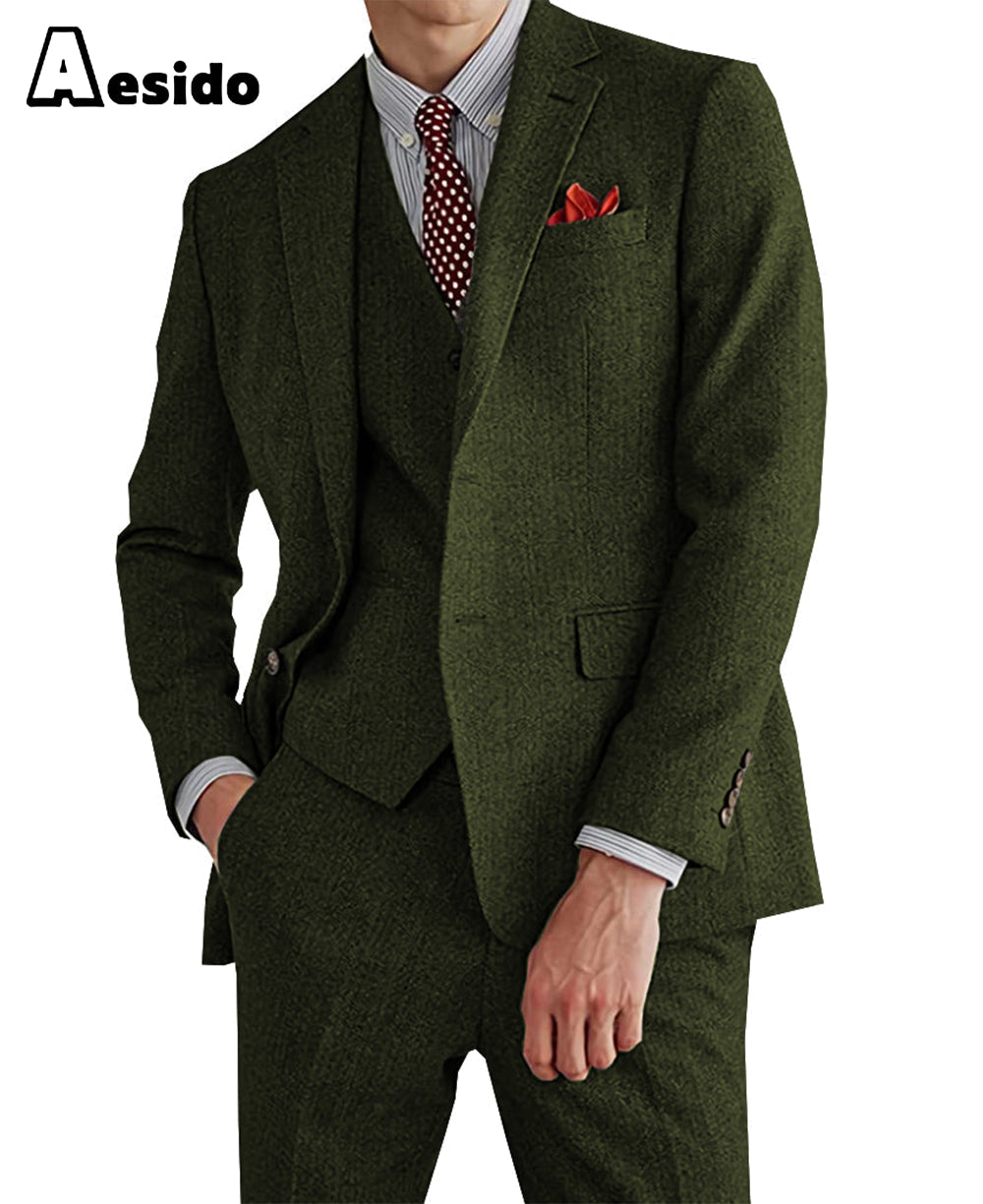 Aesido Pieces Mens Suit For Wedding Blazer+Vest+Pants - Army Green R