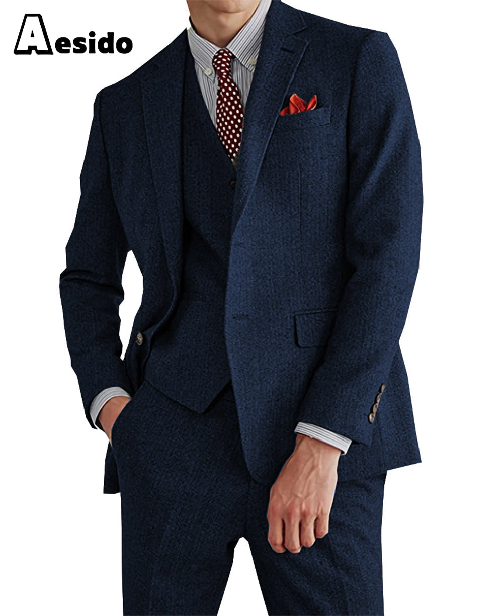 Aesido Pieces Mens Suit For Wedding Blazer+Vest+Pants - Navy R