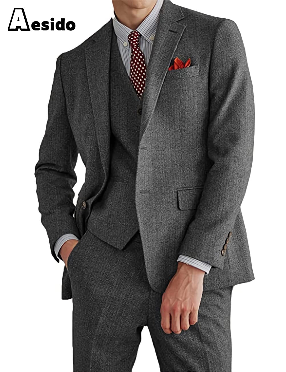 Aesido Pieces Mens Suit For Wedding Blazer+Vest+Pants - Grey R