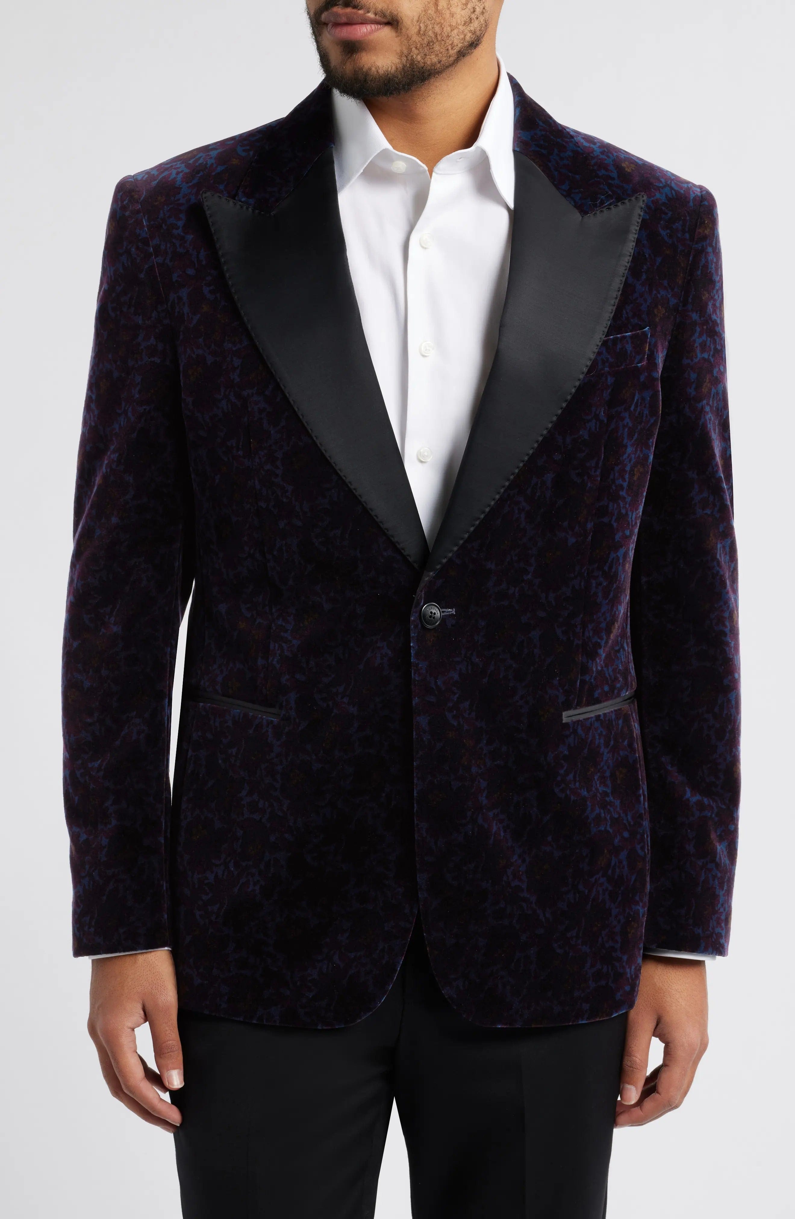 Navy Velvet Single Button Satin Lapel Mens Blazer - Navy R