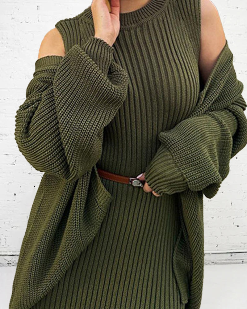 Lazy Style Knitted Sweater Long Dress & Cardigan Two-piece Sets - Green M