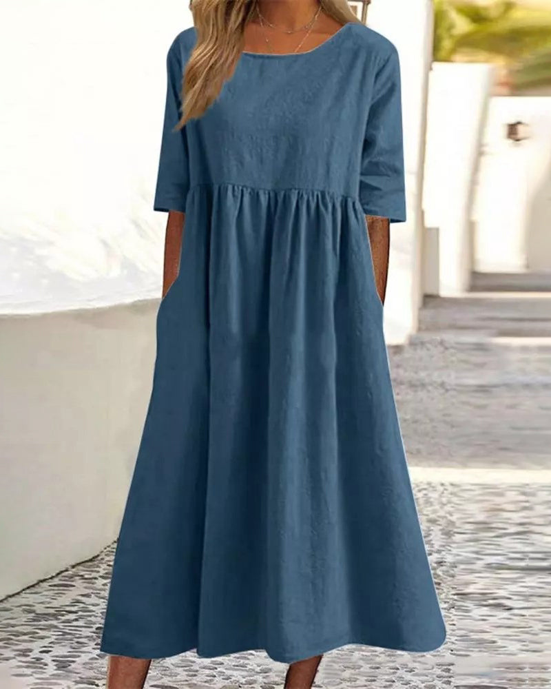 Zeagoo Women's Beach Short Sleeve Scoop Neck Ruffle Swing Casual Boho Midi Dress with Pockets - Blue