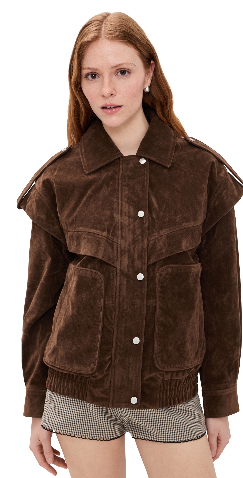 Avec Les Filles Faux Suede Layered Bomber Jacket Brunette