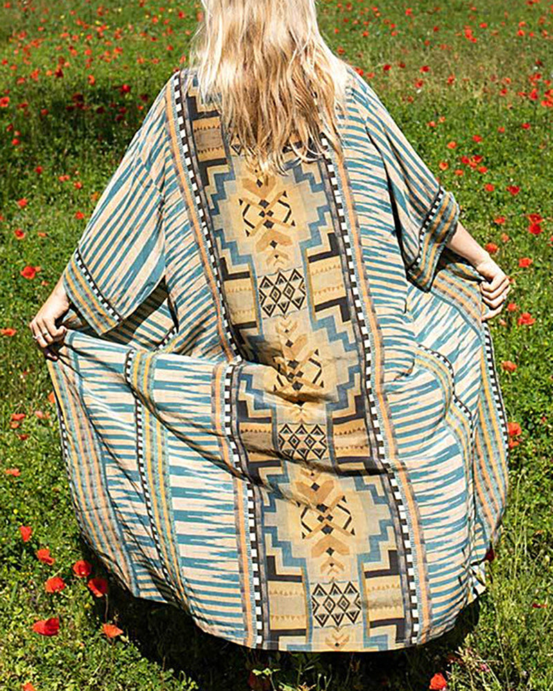 Kaftan Boho Long Cardigan Beach Dress - Blue One Size