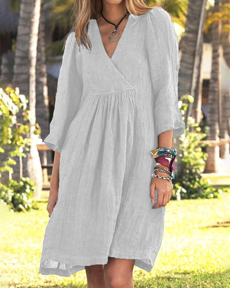 Solid Color Loose V-neck Sleeve Loose Mid Linen Dress - White M