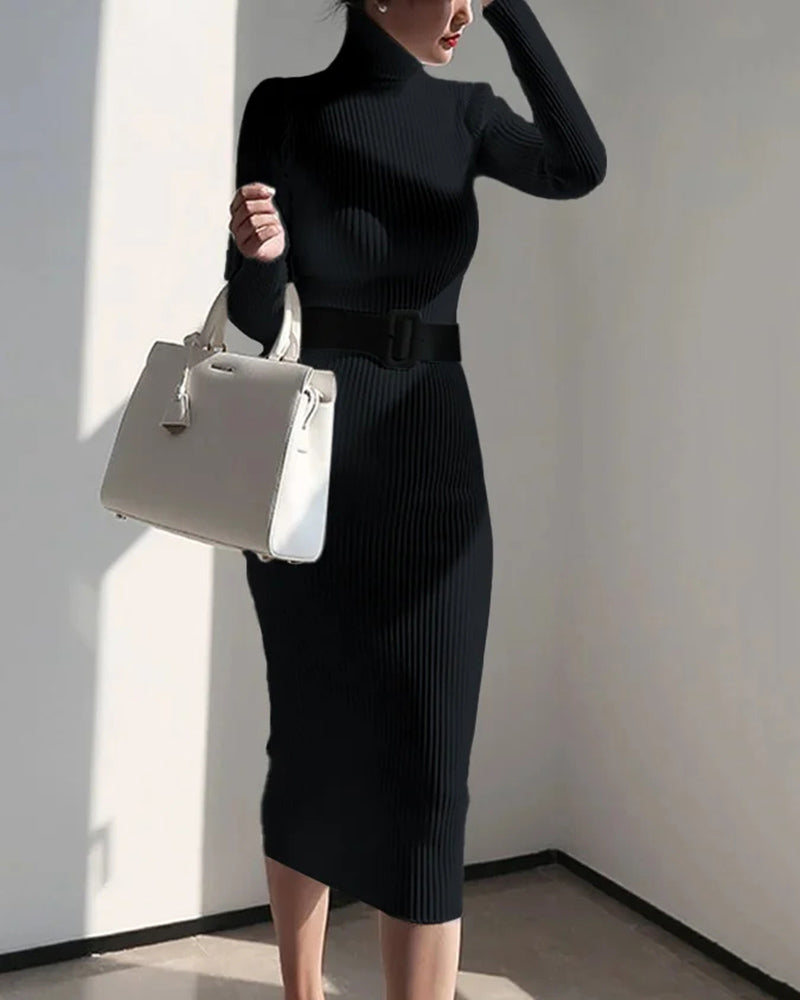 Elegant Turtleneck Sweater Dress Slim-fitting Belted Knee-length Knitted Dress - Black L-