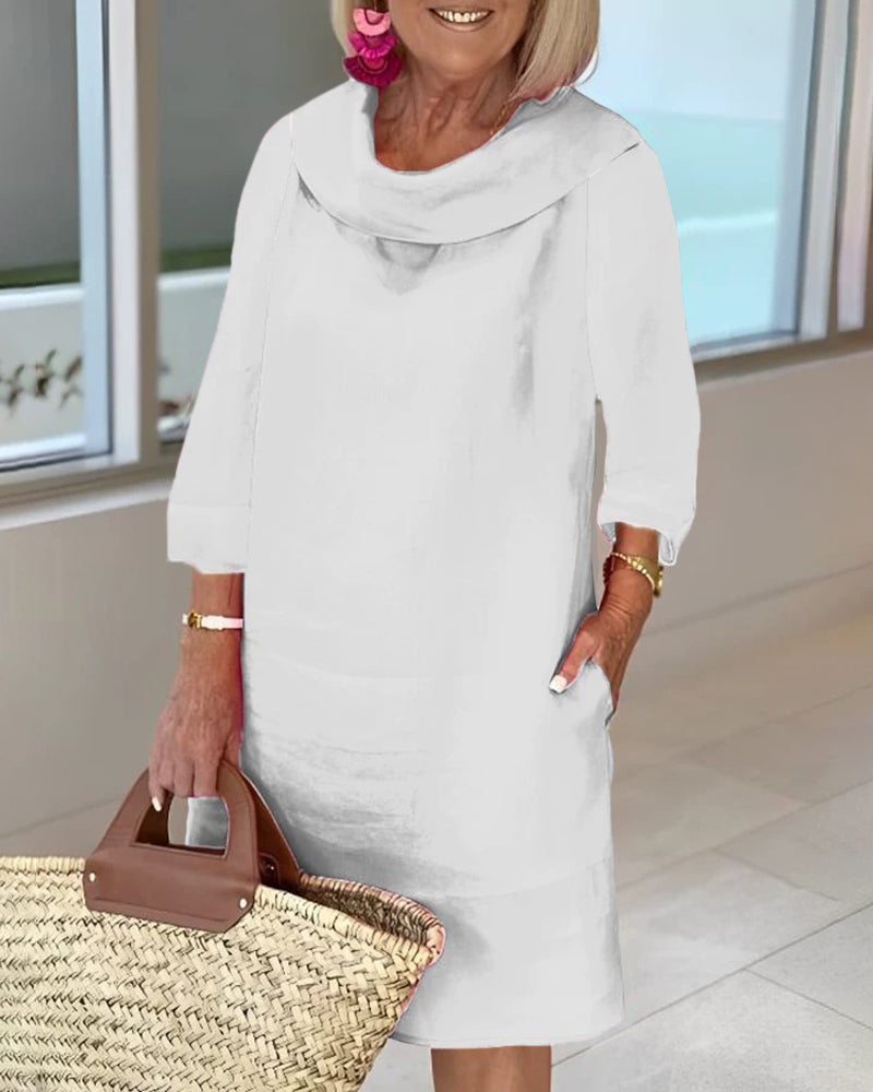 Stitching Round Neck Casual Style Solid Color Long Sleeve Dress - White