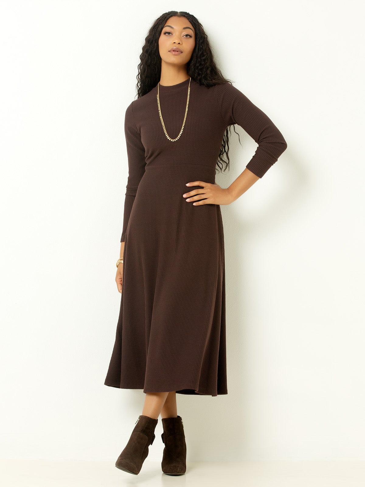 Single Stitch Ribbed Midi Dress, Mahogany Large