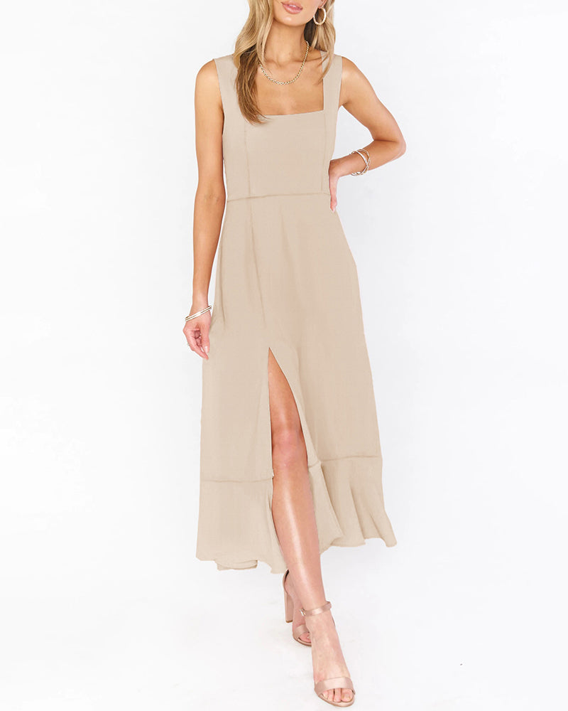 Tie-straps Ruffled Square Collar Sleeveless Slit Mid-length Dress - Beige M