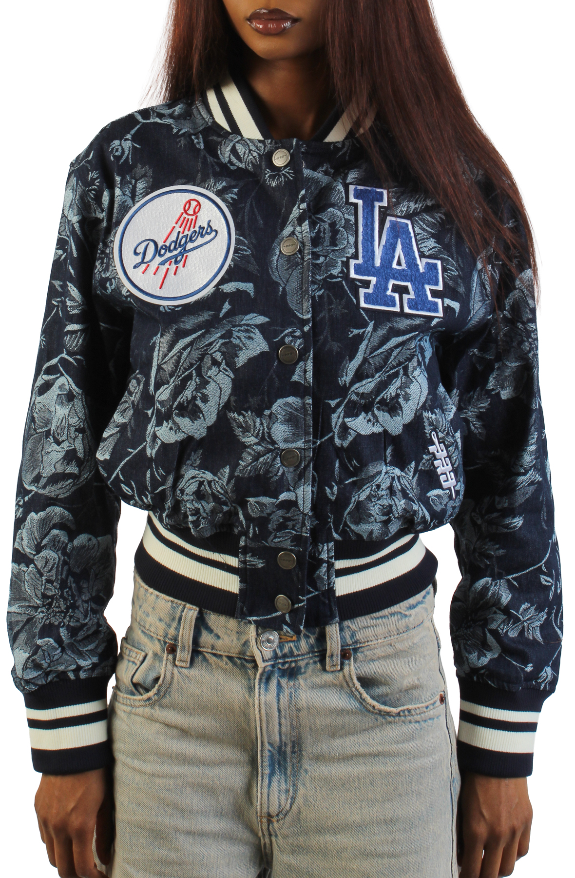 Women MLB Los Angeles Dodgers Floral Denim Cropped Jacket Denim Jackets S Denim