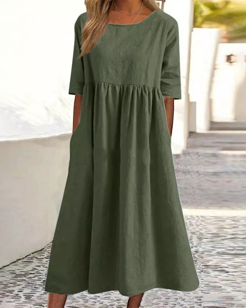 Zeagoo Women's Beach Short Sleeve Scoop Neck Ruffle Swing Casual Boho Midi Dress with Pockets - Green S