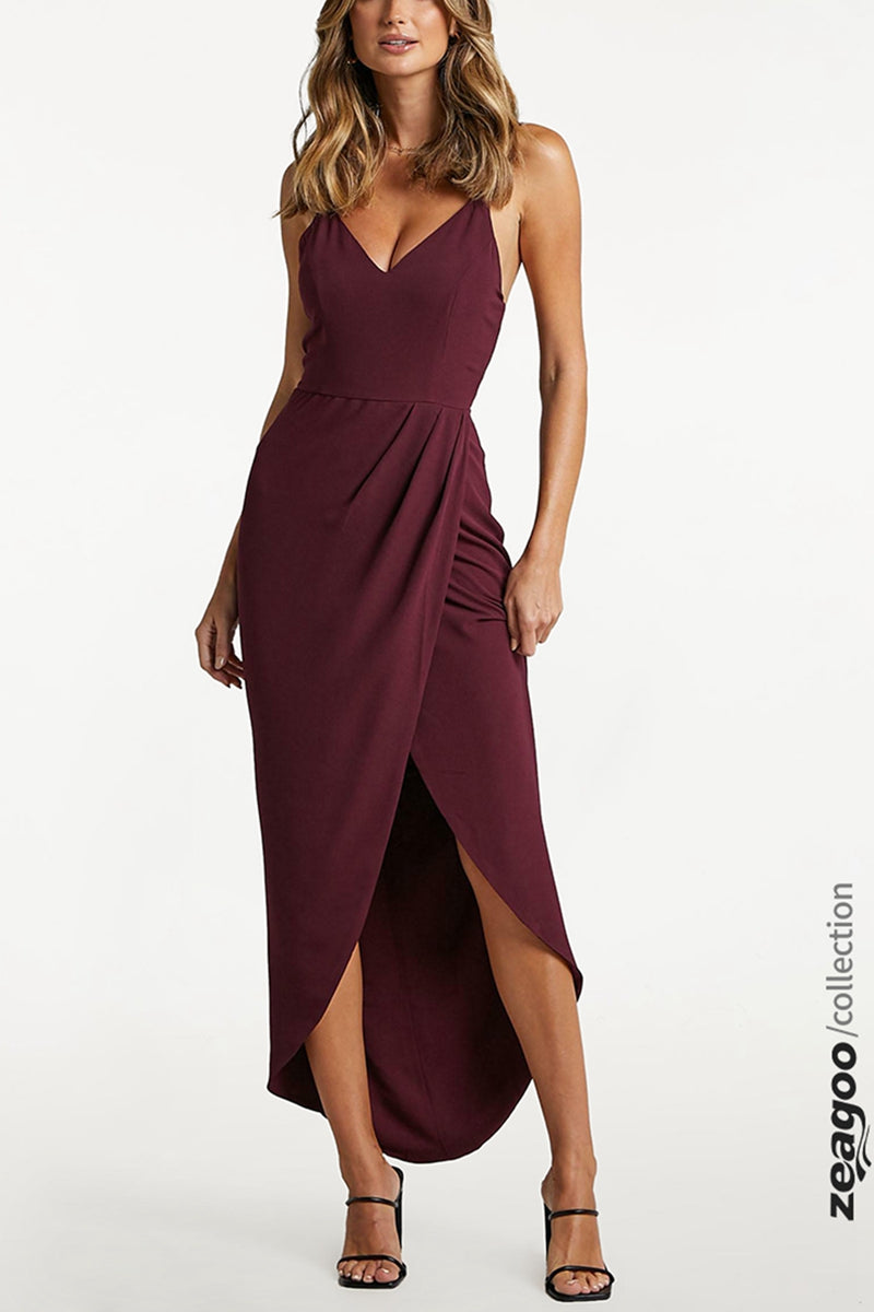 Zeagoo Women's Drape Maxi Dress - Wine Red L-
