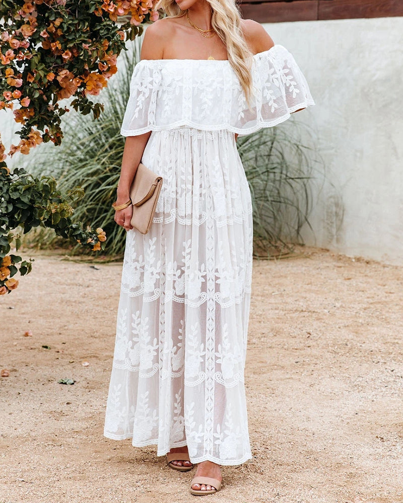 Off Shoulder Lace Maxi Dress Boho White Bridesmaid Wedding Evening Party Dresses - White S