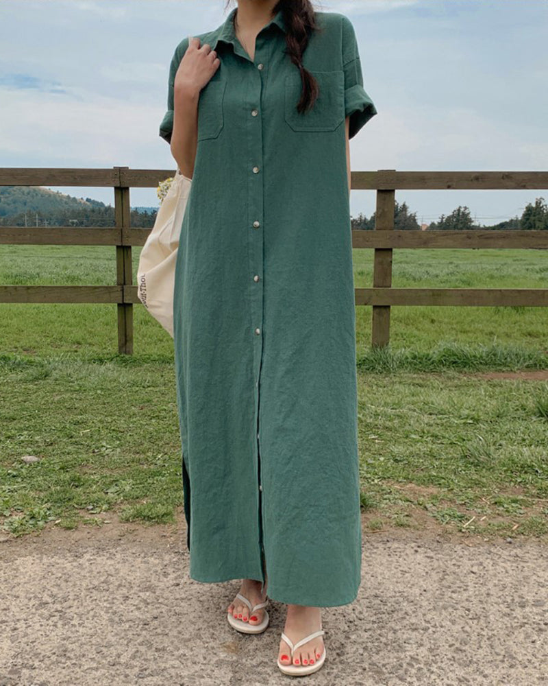 Oversized Button Down Maxi Shirt Dress Short Sleeve Side Split Casual Loose Solid Tunic Dress - Dark Green S