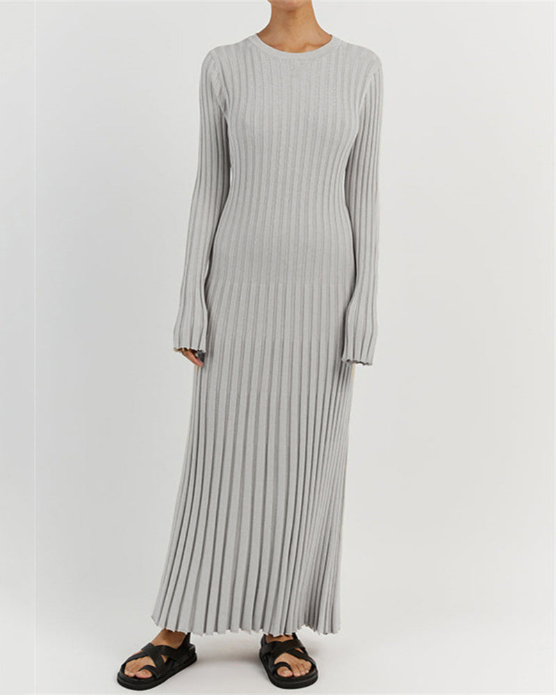 Long Sleeve Dress Crew-Neck Knit Maxi Dress Ribbed Elegant Long High Waist Pleated Dresses - Grey M