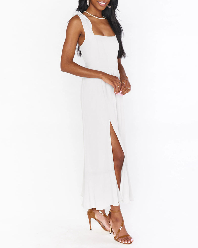 Tie-straps Ruffled Square Collar Sleeveless Slit Mid-length Dress - White