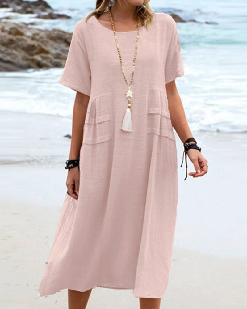 Solid Color Round Neck Short Sleeve Midi Dress Summer Holiday Casual Maxi Sundress - Pink L-