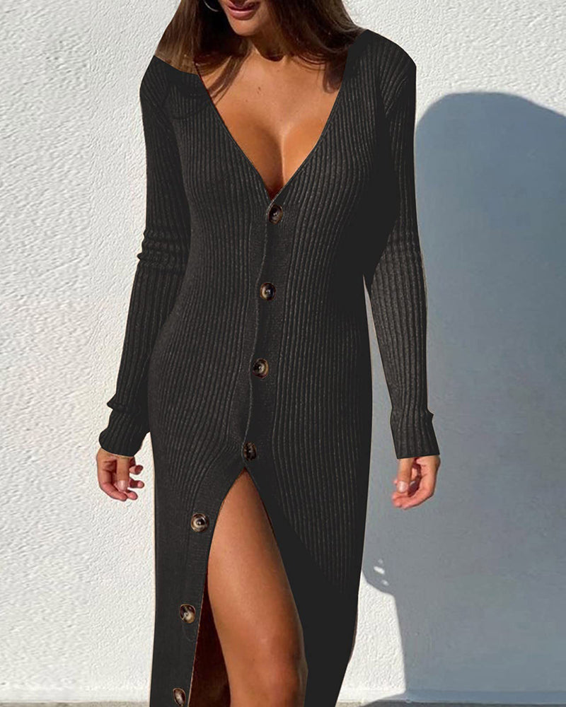 Knit Thread Button Long Sleeve Cardigan Dress - Black S