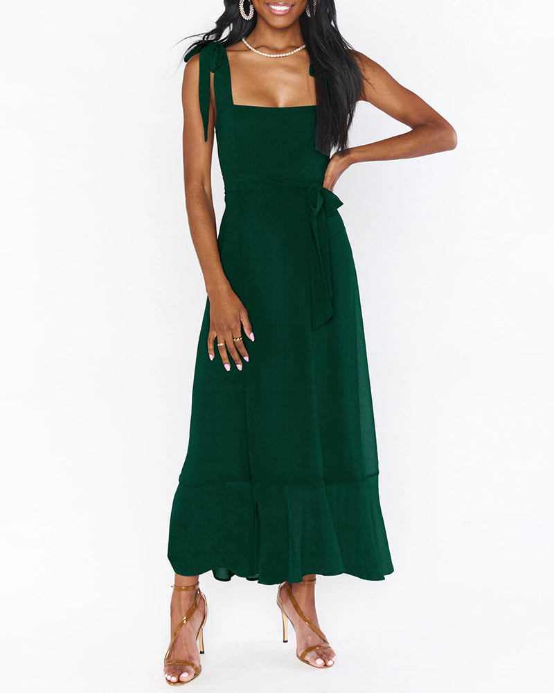 Tie-straps Ruffled Square Collar Sleeveless Slit Mid-length Dress - Dark Green L-